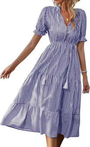 Womens 2025 Summer Sleeveless Shirt Dress Casual V Neck Stripe High Waist Puff Short Sleeve Beach Midi Dresses