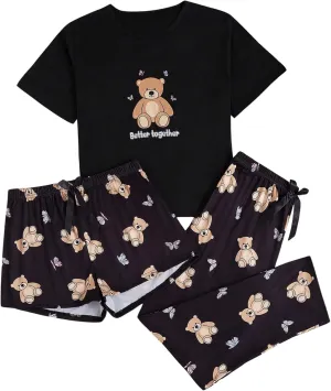 Women's 3 Piece Pajama Set Cartoon Bear Print Crewneck Short Sleeve Tee Top and Shorts Pants Pajama Set Pjs Sleepwear
