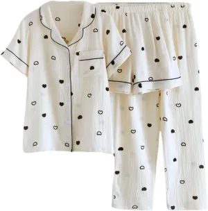 Womens 3pcs Cotton Gauze Pajamas Set Short Sleeve Button Up Sleepwear Heart Print Cute Pj Set with Long Pants