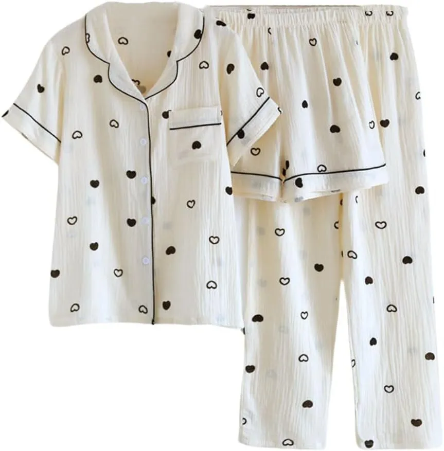 Womens 3pcs Cotton Gauze Pajamas Set Short Sleeve Button Up Sleepwear Heart Print Cute Pj Set with Long Pants