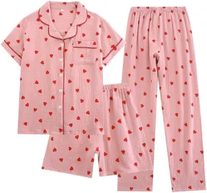 Womens 3pcs Cotton Pajamas Set Short Sleeve Button Up Sleepwear Heart Print Cute Pj Set with Long Pants