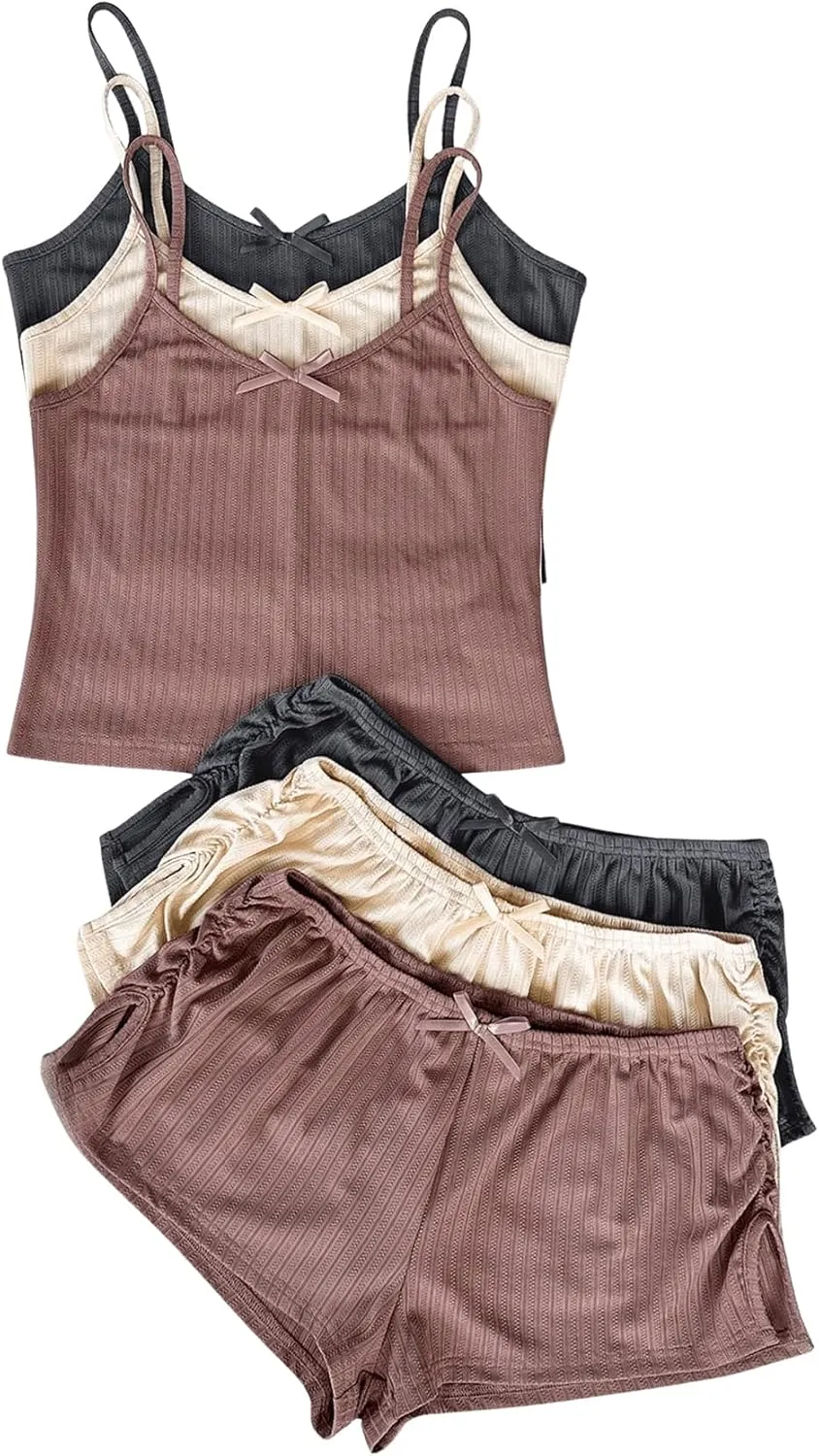 Women's 6 Piece Knitted Pajama Set Sleeveless Crop Cami Top and Slit Ruched Shorts Pj Set Bow Lounge Set Sleepwear