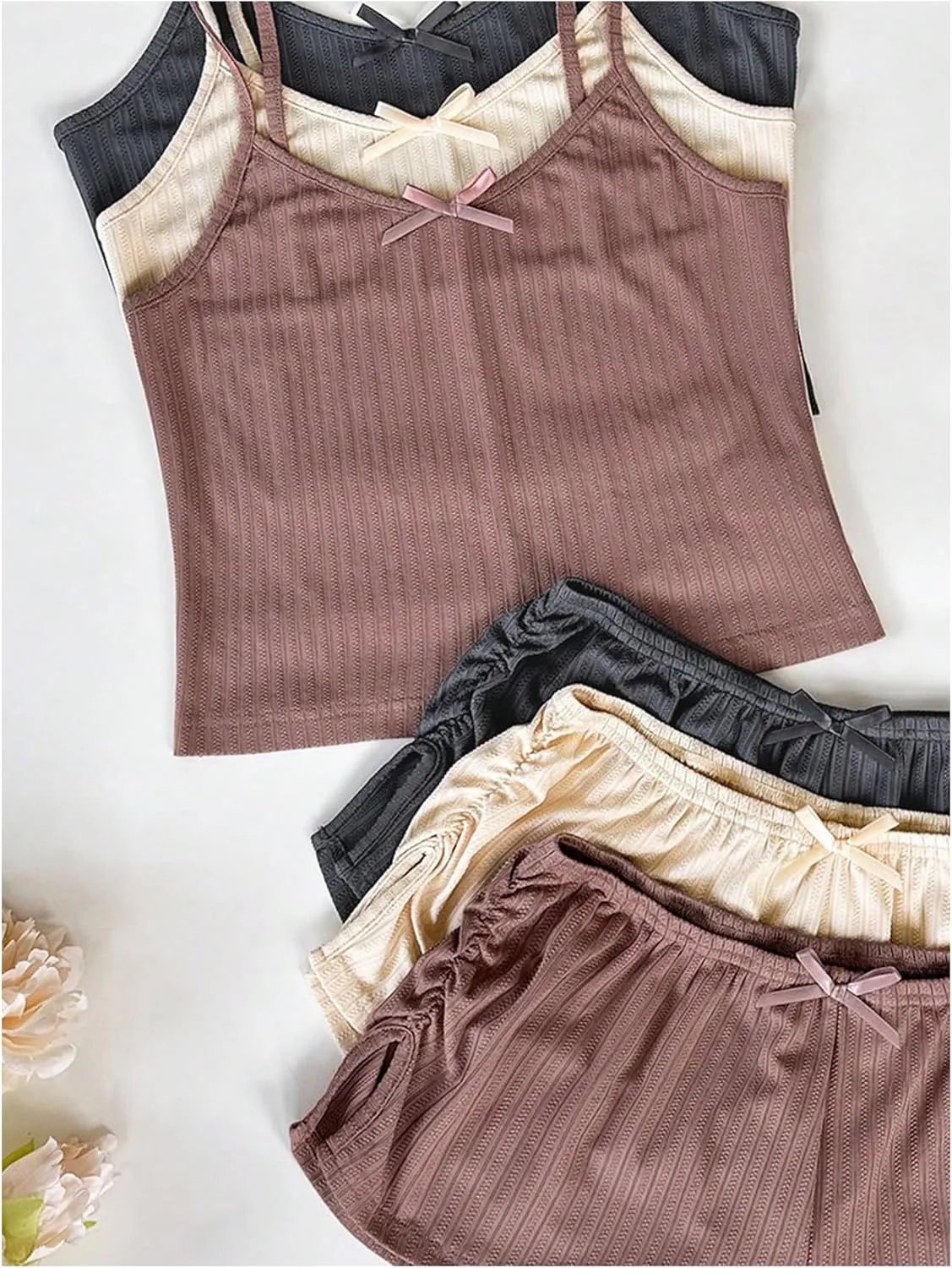 Women's 6 Piece Knitted Pajama Set Sleeveless Crop Cami Top and Slit Ruched Shorts Pj Set Bow Lounge Set Sleepwear