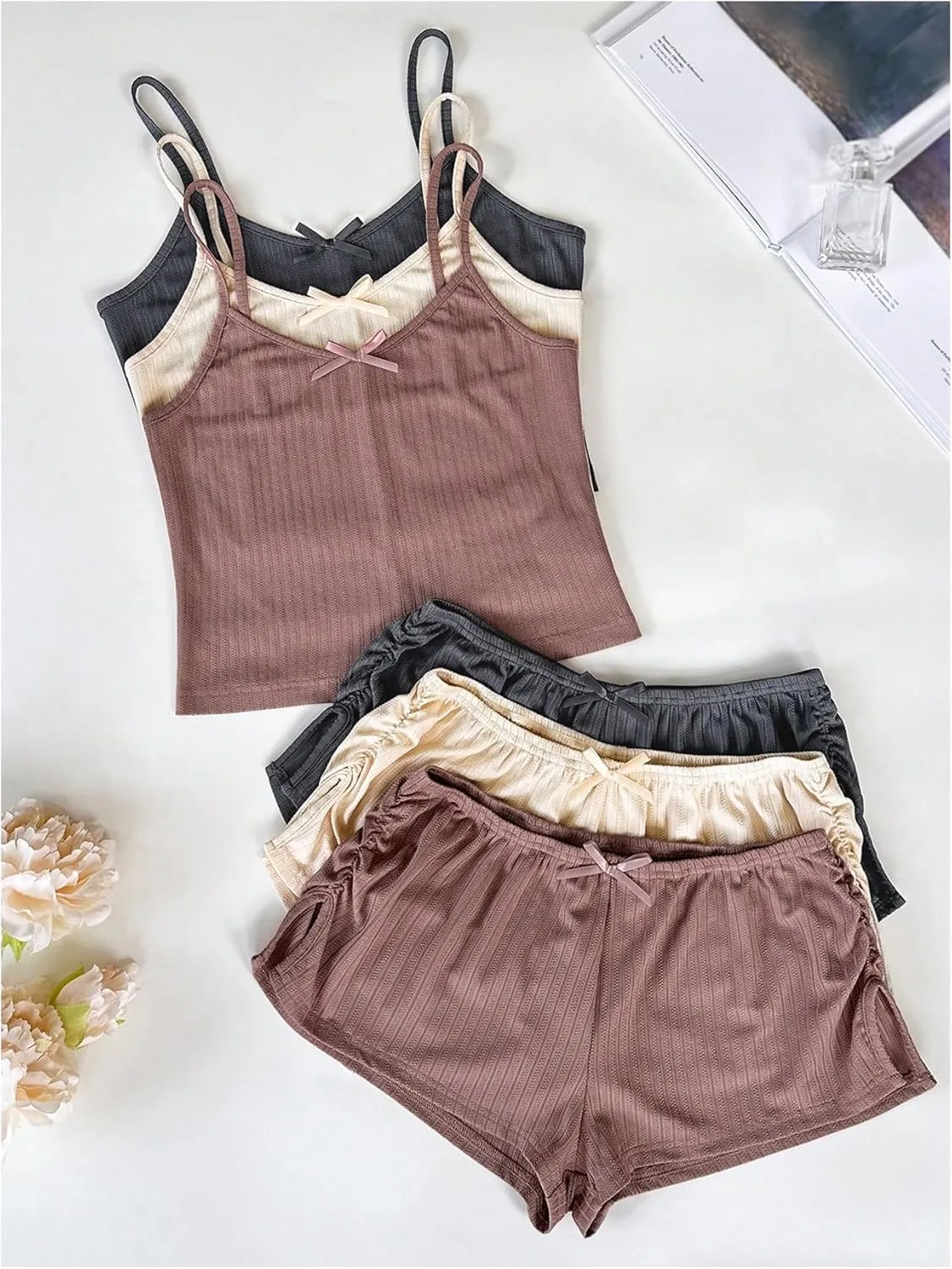 Women's 6 Piece Knitted Pajama Set Sleeveless Crop Cami Top and Slit Ruched Shorts Pj Set Bow Lounge Set Sleepwear