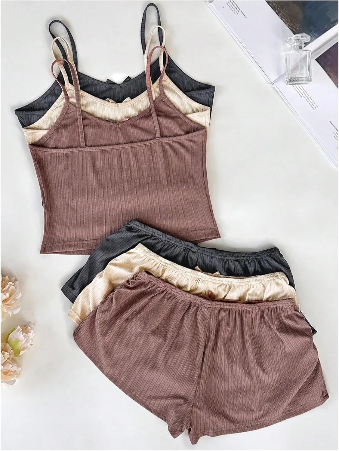 Women's 6 Piece Knitted Pajama Set Sleeveless Crop Cami Top and Slit Ruched Shorts Pj Set Bow Lounge Set Sleepwear