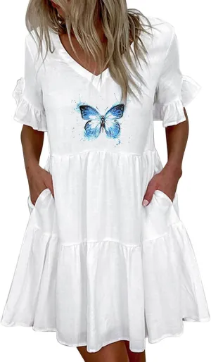 Women's Babydoll Ruffle Spring Dress Floral Pirnt Short Mini Dress V Neck Tiered Causal Dresses Cute Fashion Outfits 2023