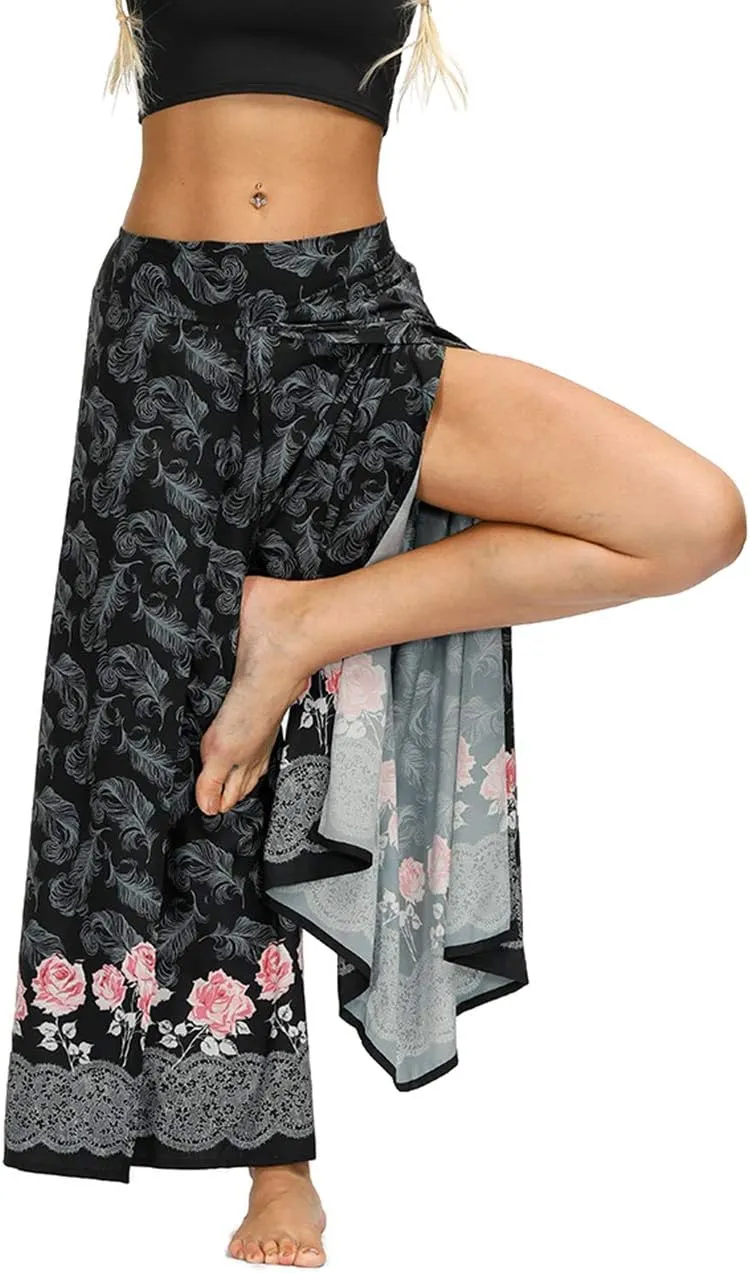 Women's Boho Palazzo Slit Wide Leg Yoga Pants Summer Beach Bohemian Hippie Pants