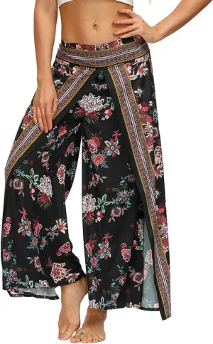 Women's Boho Palazzo Slit Wide Leg Yoga Pants Summer Beach Bohemian Hippie Pants