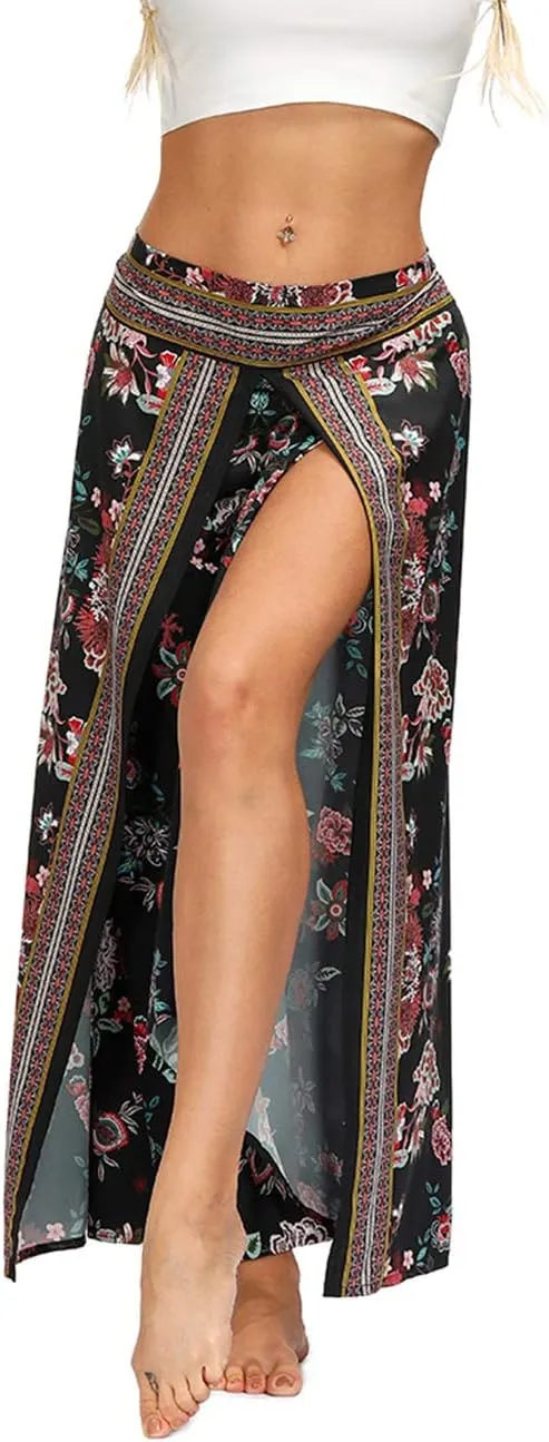 Women's Boho Palazzo Slit Wide Leg Yoga Pants Summer Beach Bohemian Hippie Pants