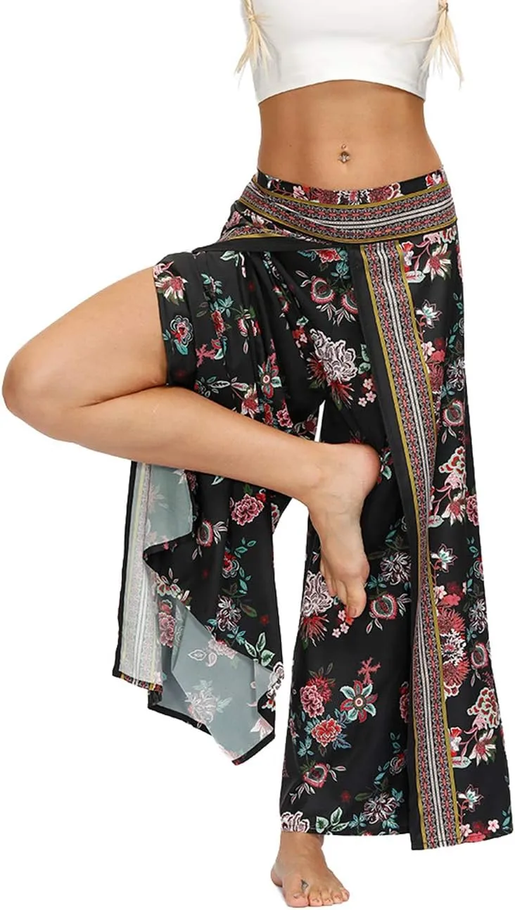 Women's Boho Palazzo Slit Wide Leg Yoga Pants Summer Beach Bohemian Hippie Pants