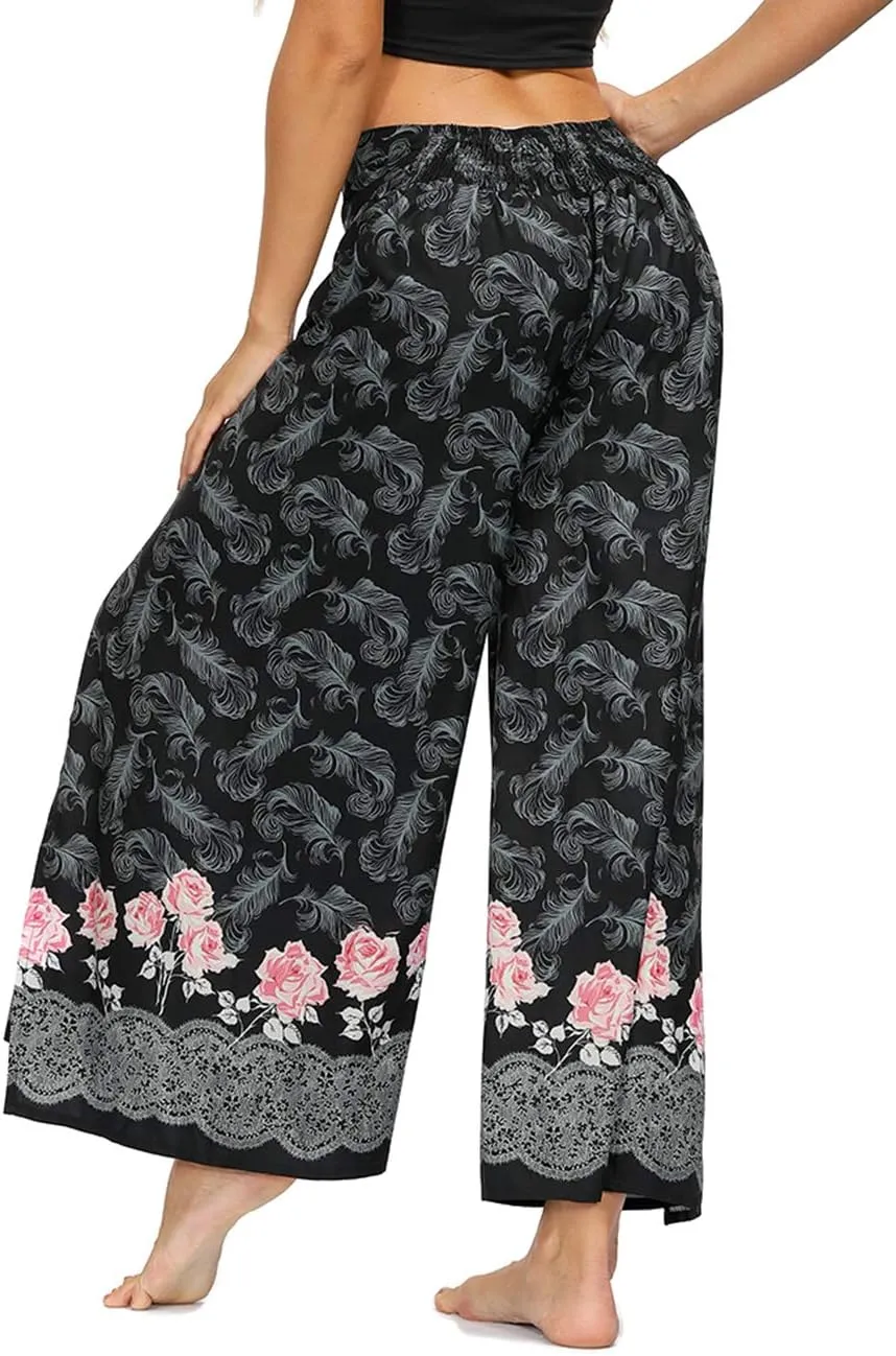 Women's Boho Palazzo Slit Wide Leg Yoga Pants Summer Beach Bohemian Hippie Pants