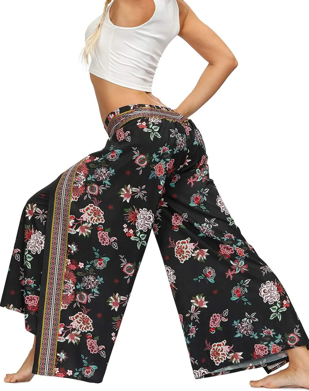 Women's Boho Palazzo Slit Wide Leg Yoga Pants Summer Beach Bohemian Hippie Pants