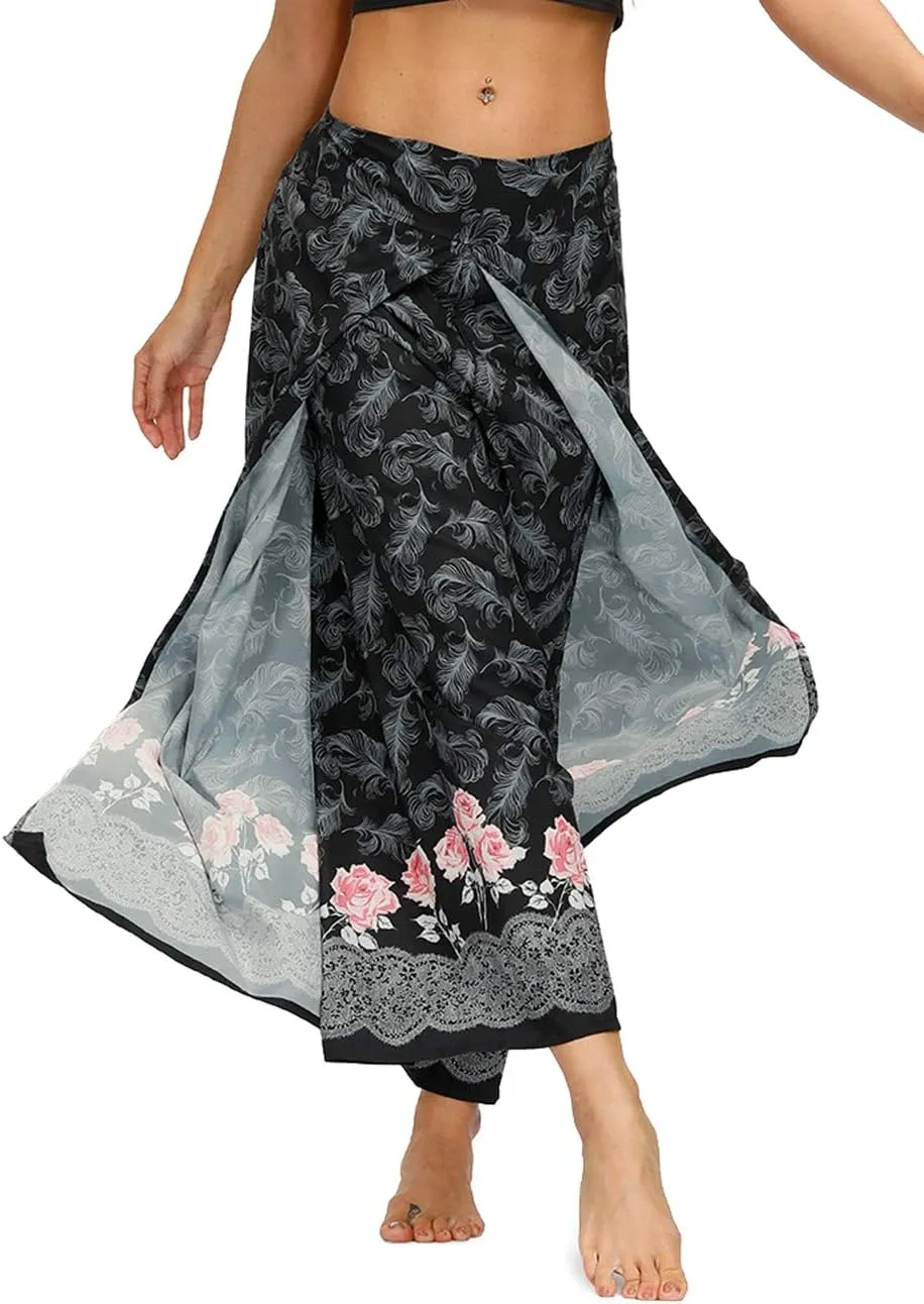 Women's Boho Palazzo Slit Wide Leg Yoga Pants Summer Beach Bohemian Hippie Pants