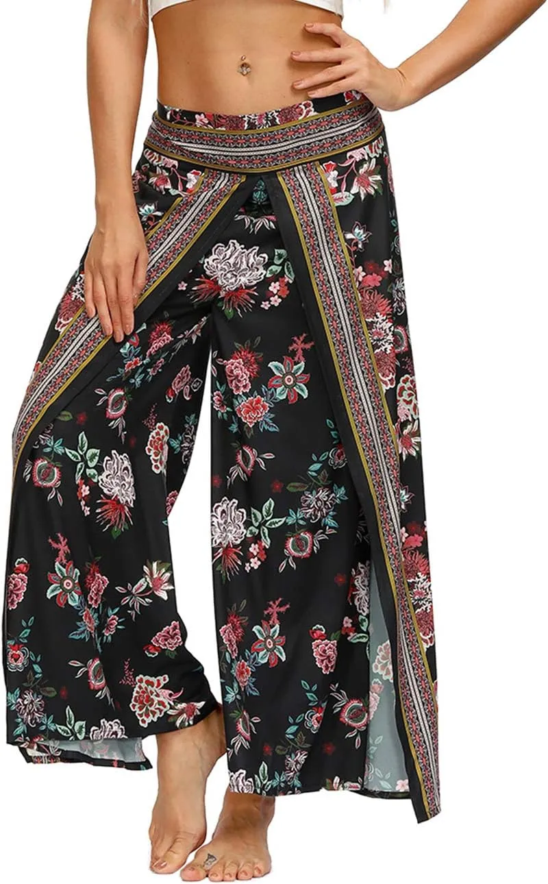 Women's Boho Palazzo Slit Wide Leg Yoga Pants Summer Beach Bohemian Hippie Pants