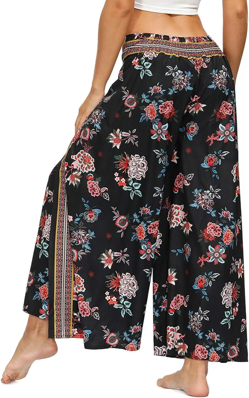 Women's Boho Palazzo Slit Wide Leg Yoga Pants Summer Beach Bohemian Hippie Pants