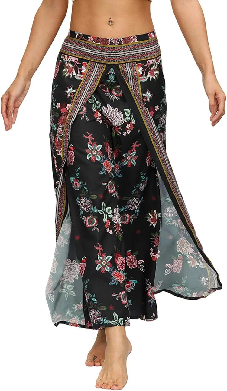 Women's Boho Palazzo Slit Wide Leg Yoga Pants Summer Beach Bohemian Hippie Pants