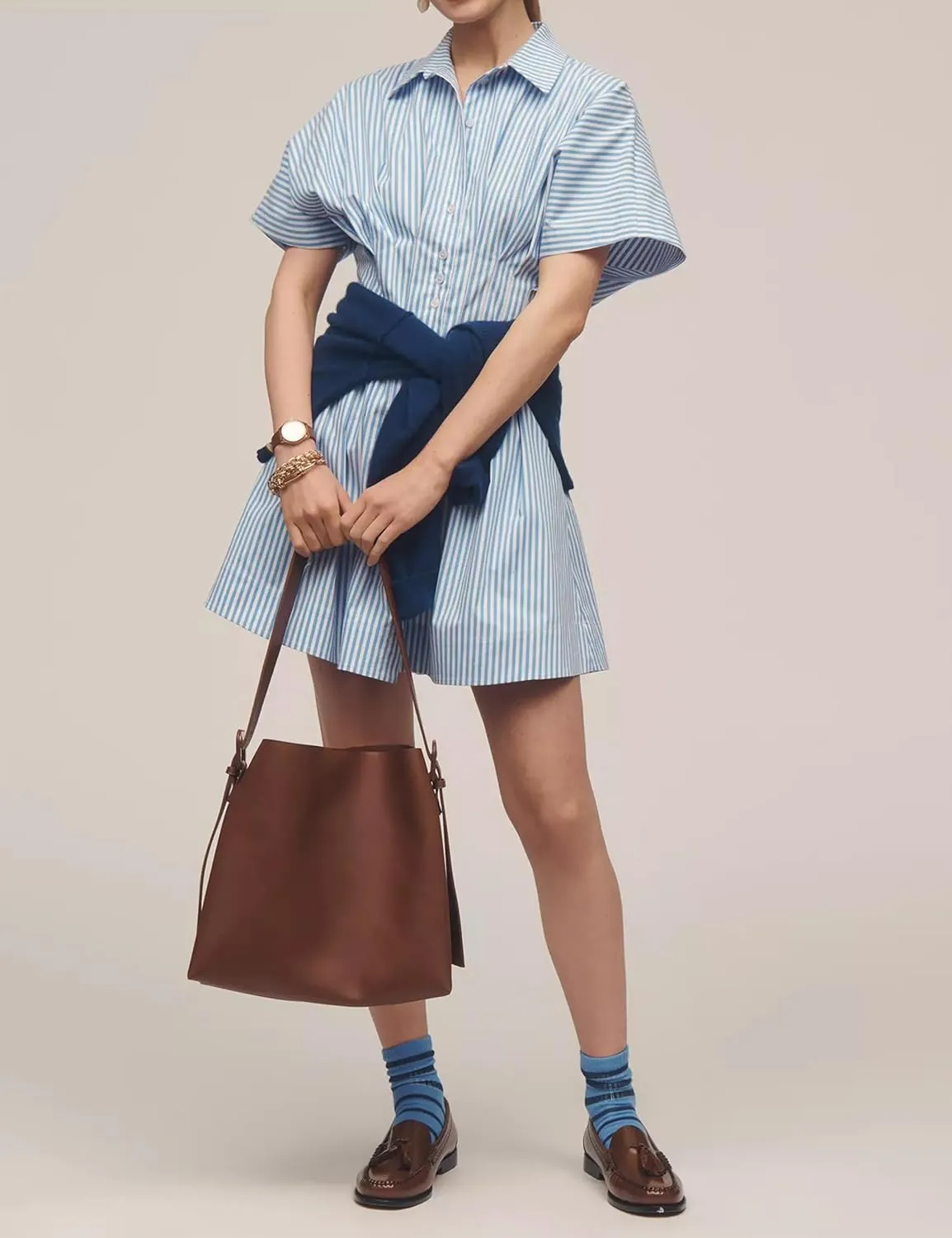 Womens Button Front Down Pleated Shirt Dress Summer Casual Striped Short Sleeve Blouse Mini Dresses
