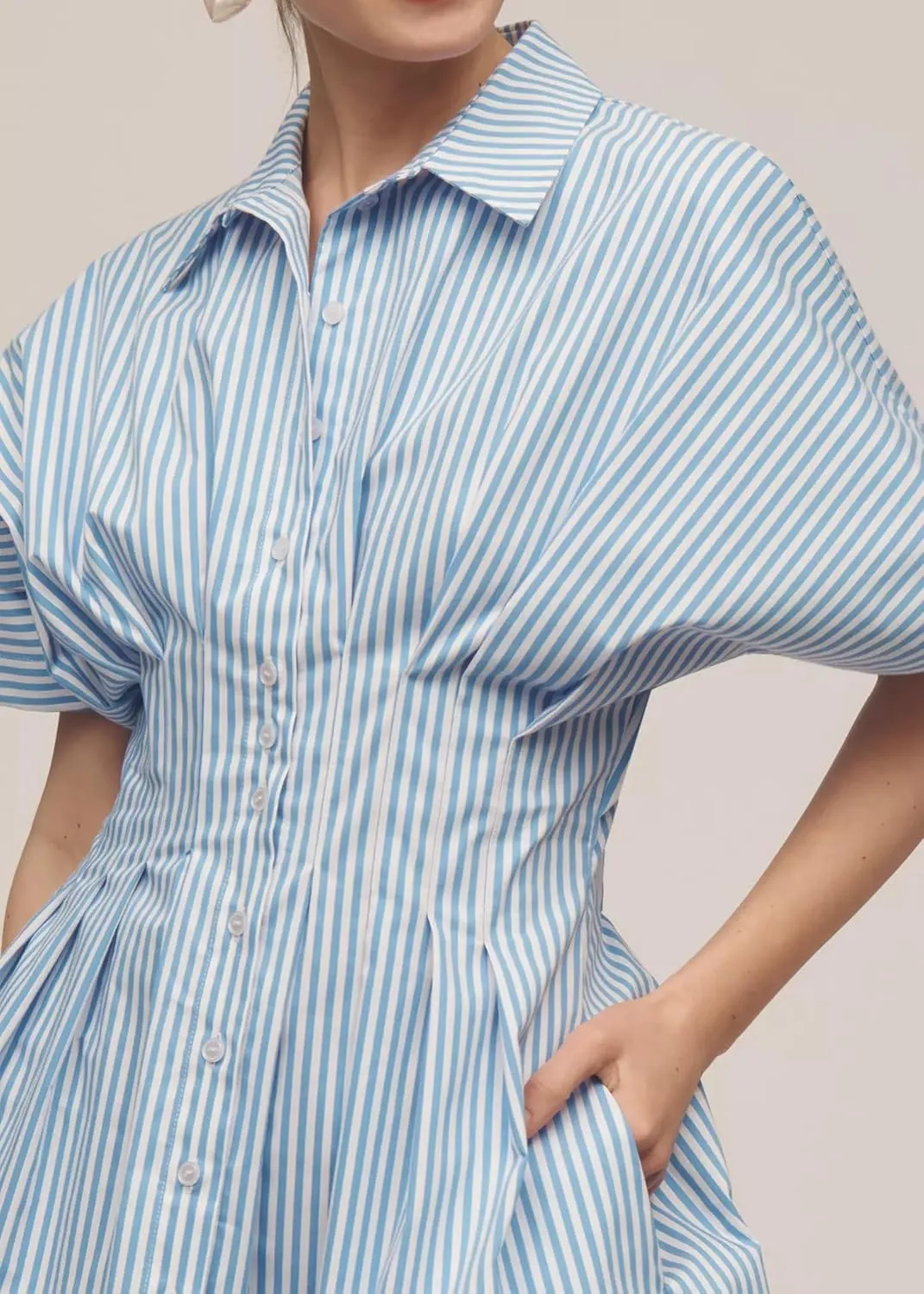 Womens Button Front Down Pleated Shirt Dress Summer Casual Striped Short Sleeve Blouse Mini Dresses