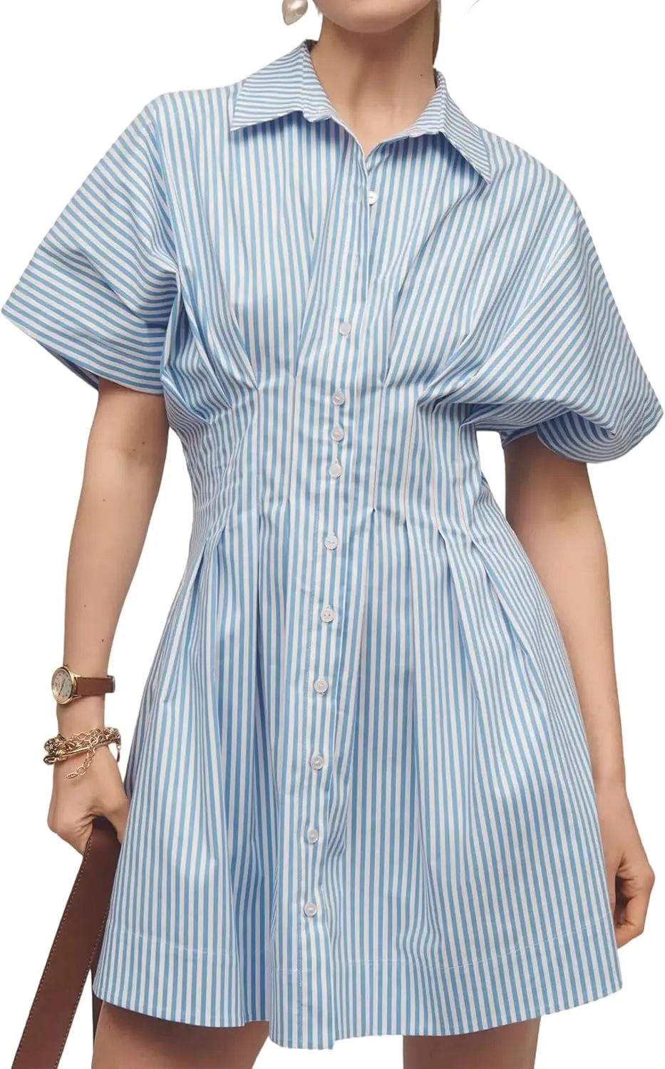 Womens Button Front Down Pleated Shirt Dress Summer Casual Striped Short Sleeve Blouse Mini Dresses