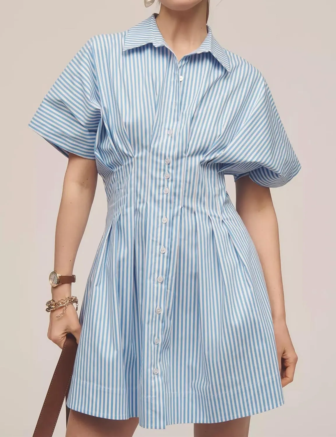 Womens Button Front Down Pleated Shirt Dress Summer Casual Striped Short Sleeve Blouse Mini Dresses