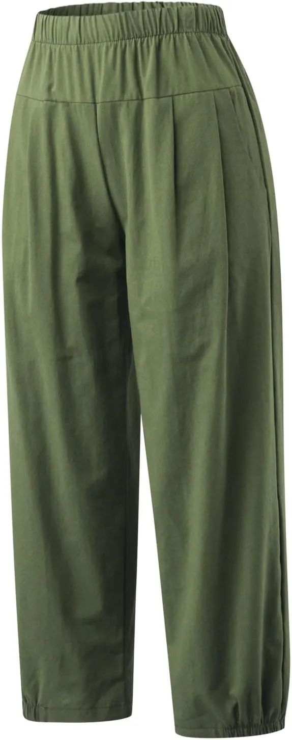 Womens Capri Pants Summer Straight Wide Leg Slacks Loose Comfy Fit Elastic Waist Cotton Linen Yoga Cropped Trousers