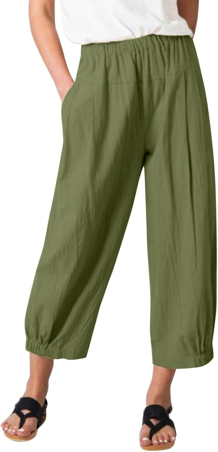 Womens Capri Pants Summer Straight Wide Leg Slacks Loose Comfy Fit Elastic Waist Cotton Linen Yoga Cropped Trousers
