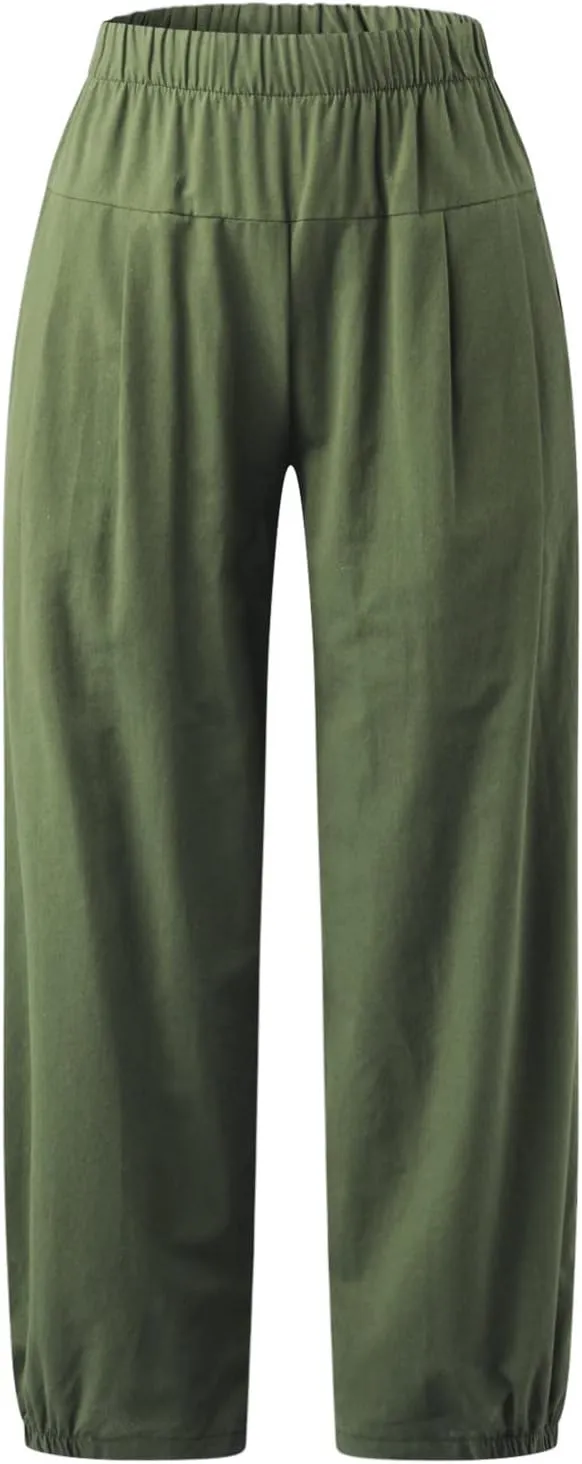 Womens Capri Pants Summer Straight Wide Leg Slacks Loose Comfy Fit Elastic Waist Cotton Linen Yoga Cropped Trousers
