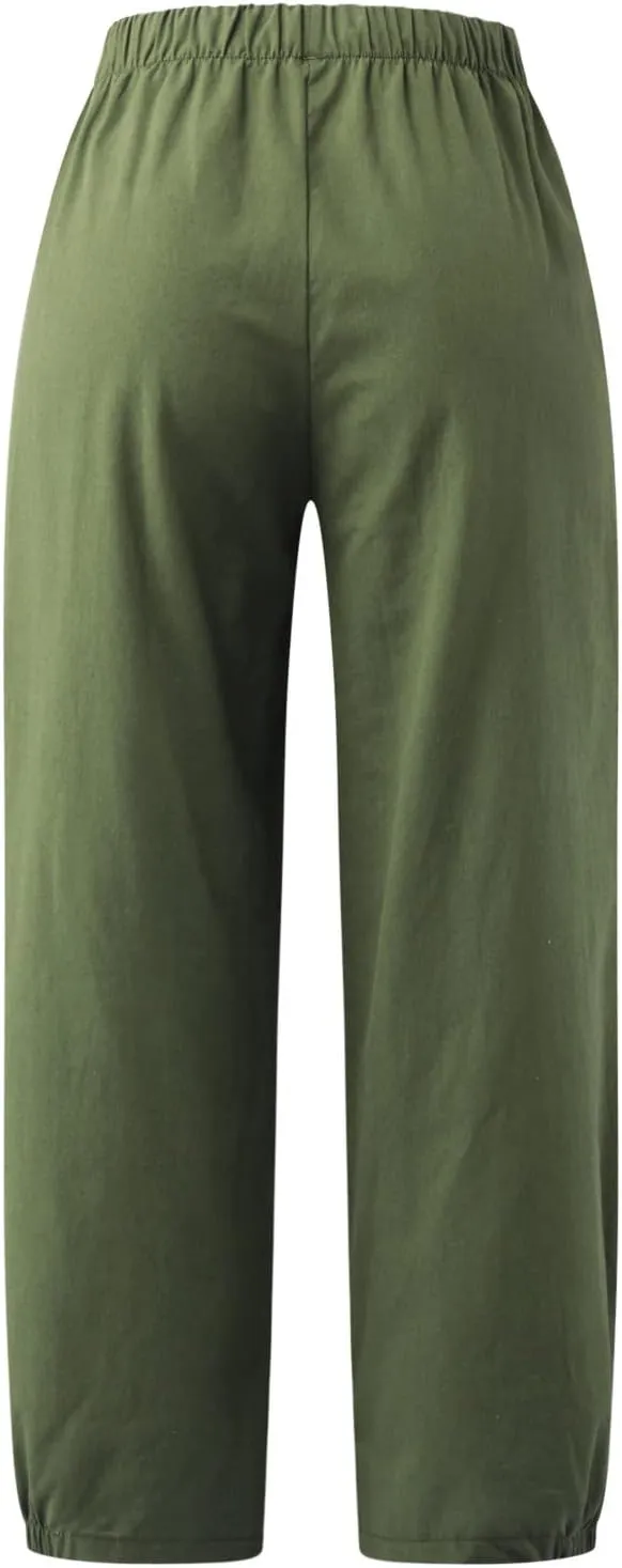 Womens Capri Pants Summer Straight Wide Leg Slacks Loose Comfy Fit Elastic Waist Cotton Linen Yoga Cropped Trousers