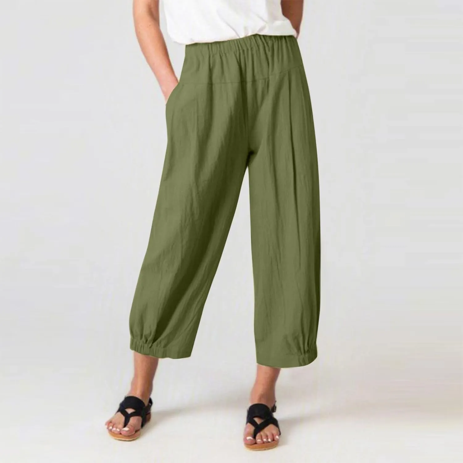 Womens Capri Pants Summer Straight Wide Leg Slacks Loose Comfy Fit Elastic Waist Cotton Linen Yoga Cropped Trousers