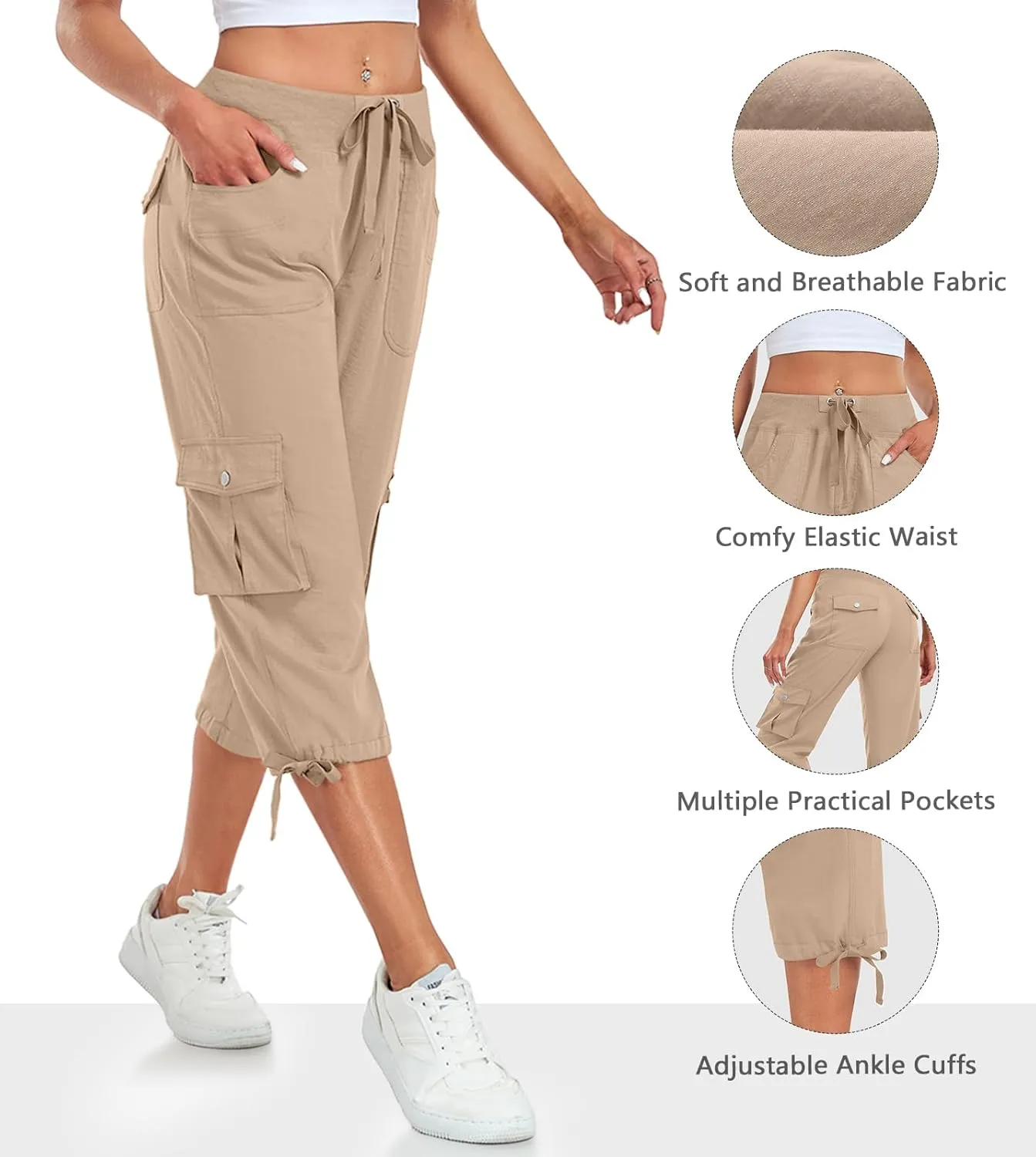 Women's Cargo Capris Pants Lightweight Quick Dry Hiking Pants Baggy Casual Outdoor Travel Cute Pants with 6 Pockets
