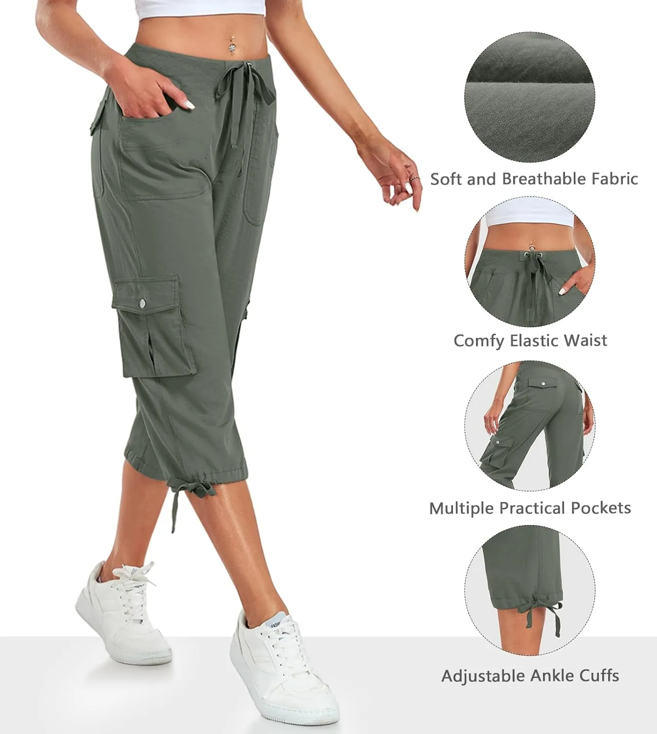 Women's Cargo Capris Pants Lightweight Quick Dry Hiking Pants Baggy Casual Outdoor Travel Cute Pants with 6 Pockets
