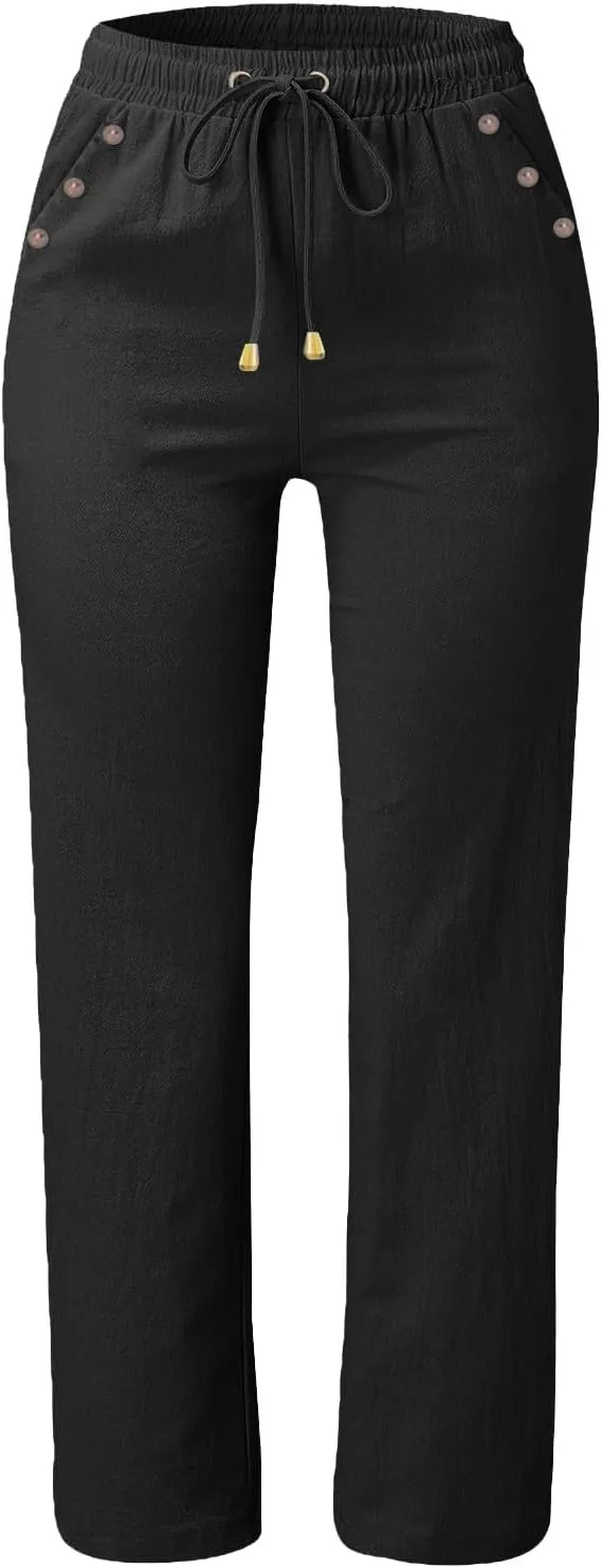 Womens Casual Cotton Linen Pants Lightweight Summer Relax Fit Elastic Waist Plus Size Solid Lounge Long Trousers