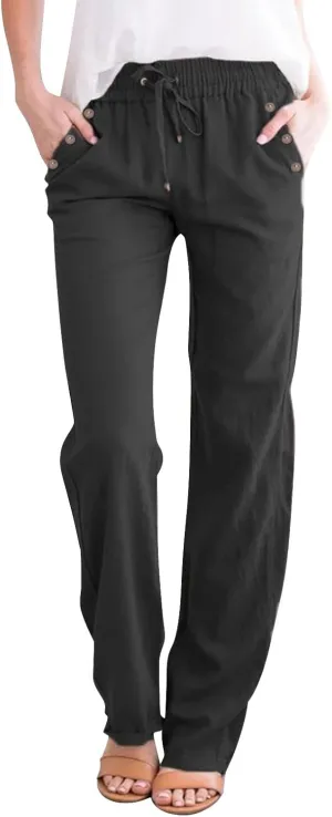 Womens Casual Cotton Linen Pants Lightweight Summer Relax Fit Elastic Waist Plus Size Solid Lounge Long Trousers