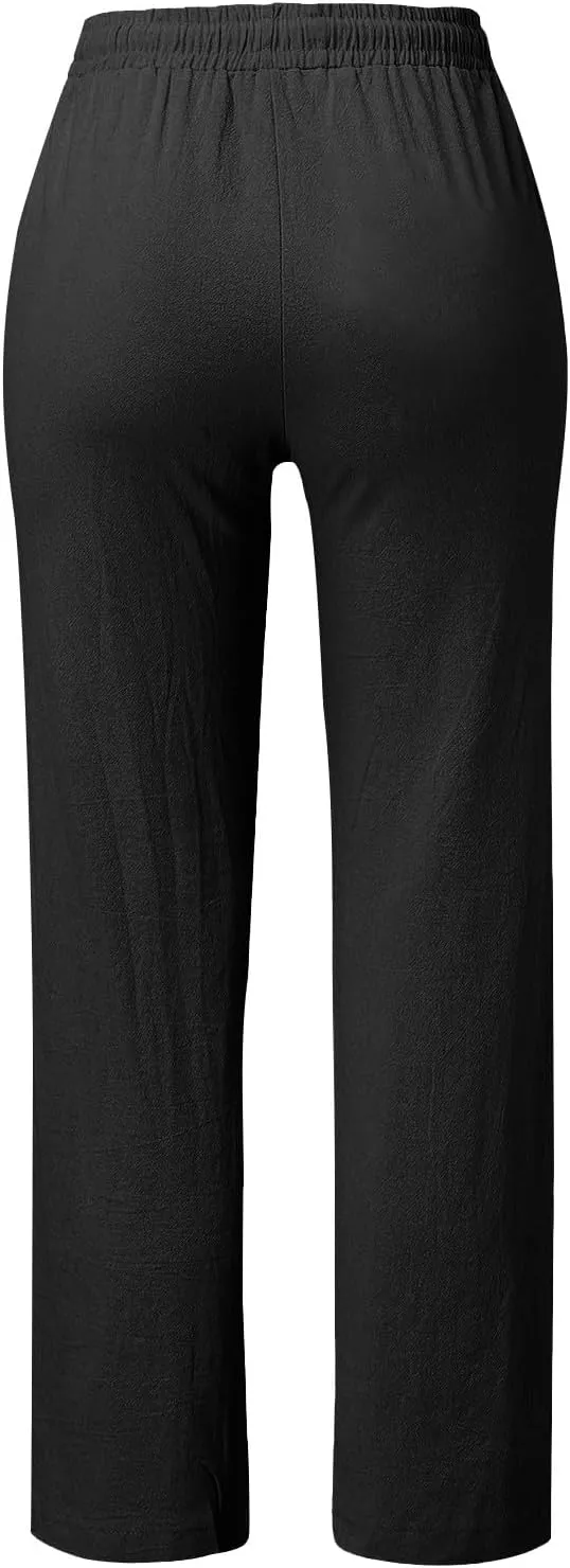 Womens Casual Cotton Linen Pants Lightweight Summer Relax Fit Elastic Waist Plus Size Solid Lounge Long Trousers