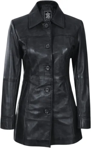 Women's Casual Genuine Lambskin Leather Front Button Up Car Coat Long Lenght Winter Fashion Jacket For Women