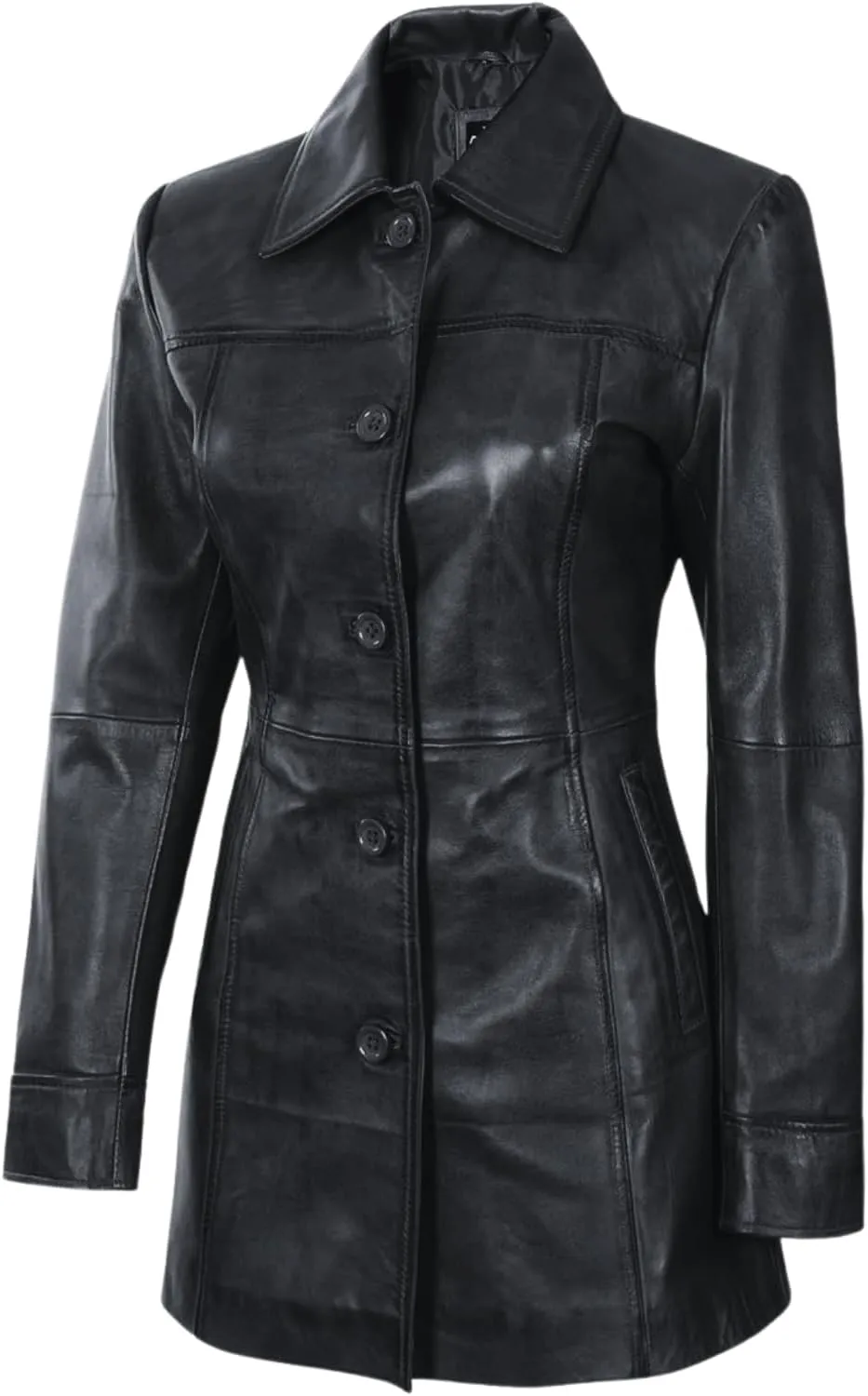 Women's Casual Genuine Lambskin Leather Front Button Up Car Coat Long Lenght Winter Fashion Jacket For Women