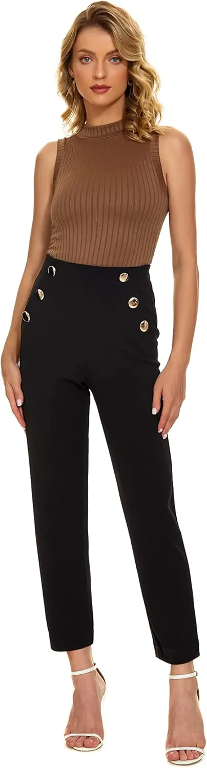 Women's Casual High Waisted Ankle Cropped Pants Elastic Waistband Slant Pockets with Metal Buttons