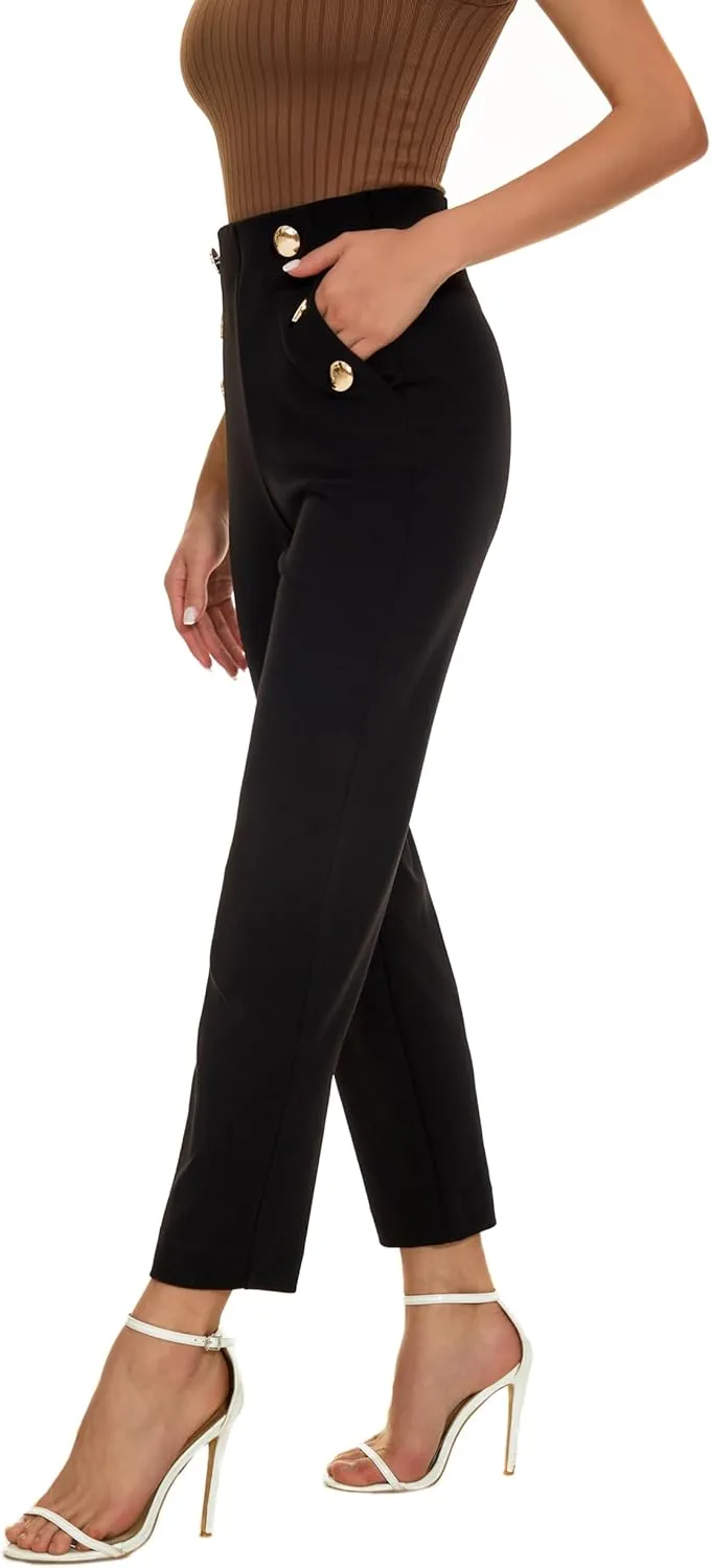 Women's Casual High Waisted Ankle Cropped Pants Elastic Waistband Slant Pockets with Metal Buttons