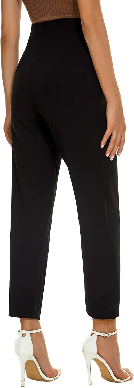 Women's Casual High Waisted Ankle Cropped Pants Elastic Waistband Slant Pockets with Metal Buttons