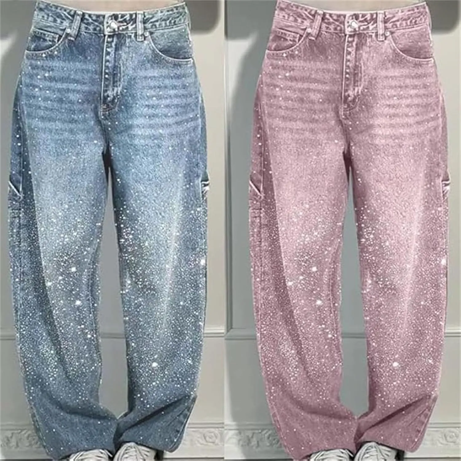 Women's Casual Rhinestone Loose Harem Jeans, High Waisted Straight Wide Leg Pants, Sparkly Rhinestone Denim Pants for Women