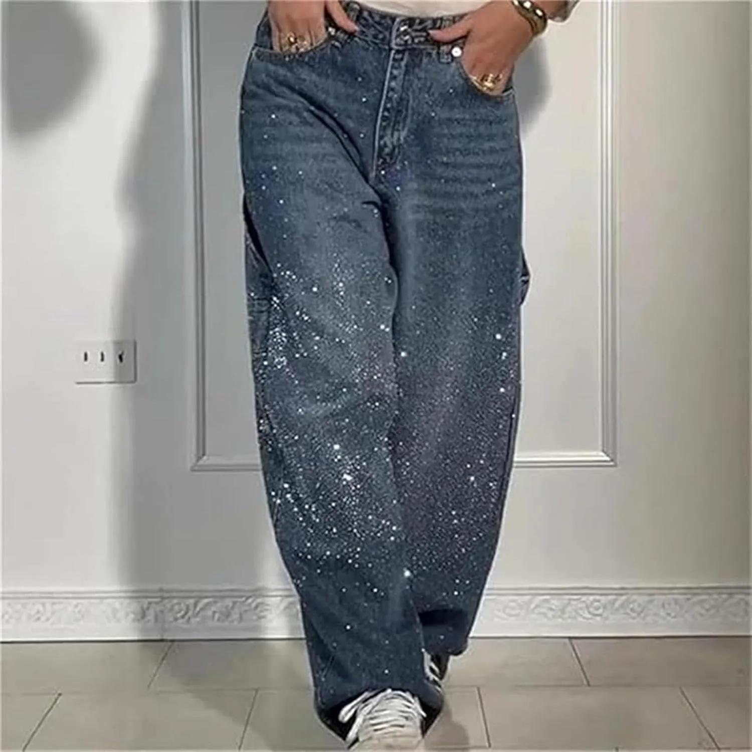 Women's Casual Rhinestone Loose Harem Jeans, High Waisted Straight Wide Leg Pants, Sparkly Rhinestone Denim Pants for Women