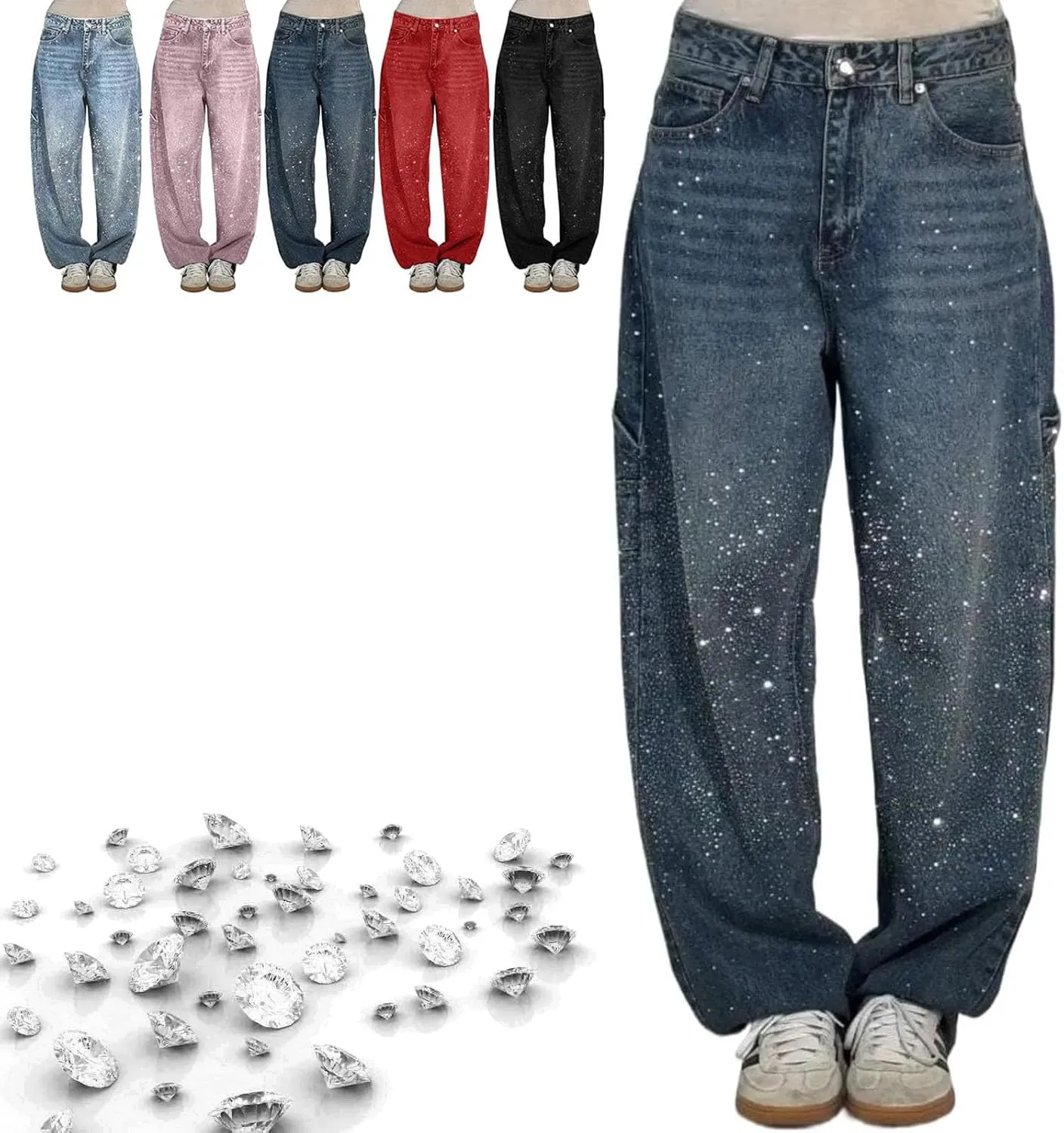 Women's Casual Rhinestone Loose Harem Jeans, High Waisted Straight Wide Leg Pants, Sparkly Rhinestone Denim Pants for Women