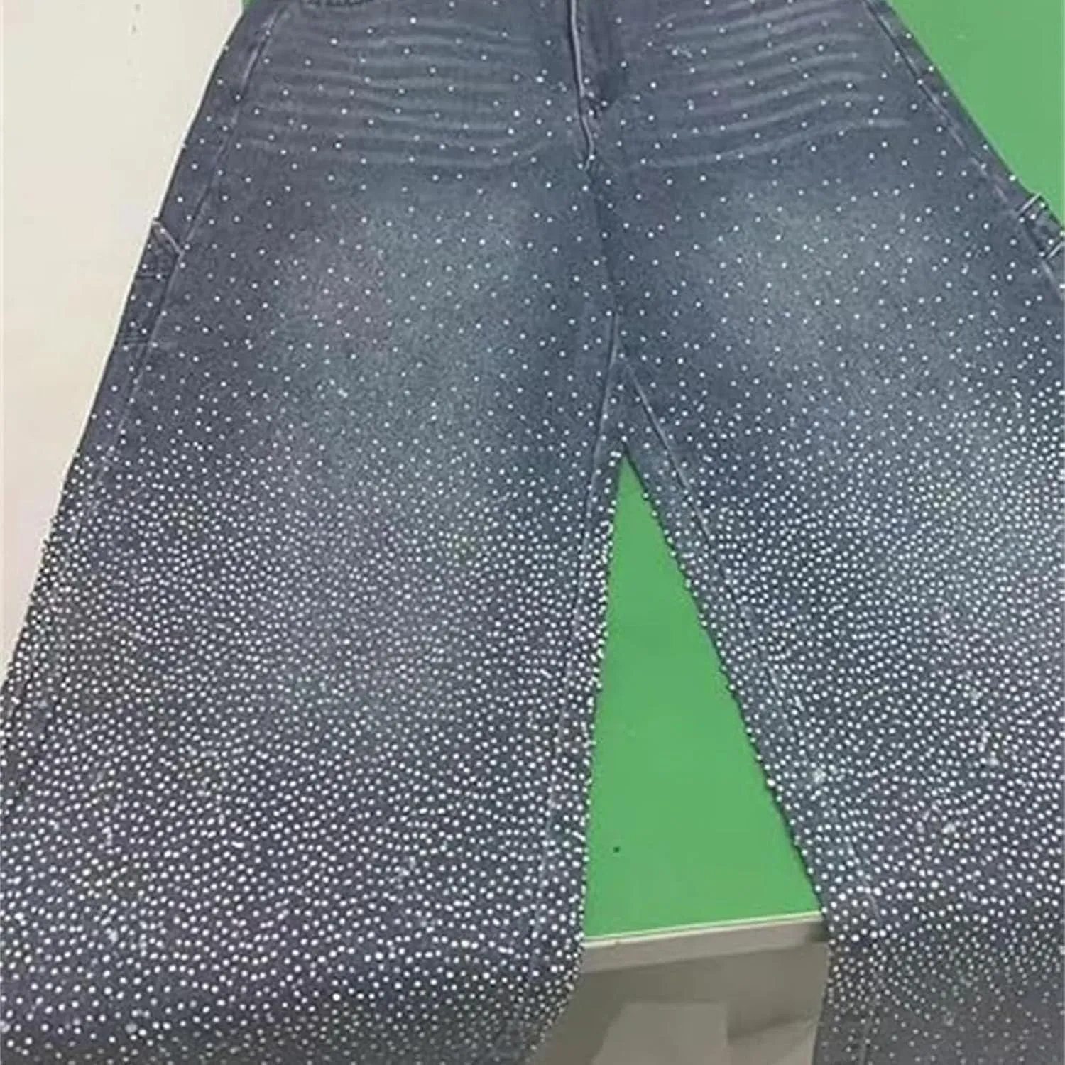 Women's Casual Rhinestone Loose Harem Jeans, High Waisted Straight Wide Leg Pants, Sparkly Rhinestone Denim Pants for Women