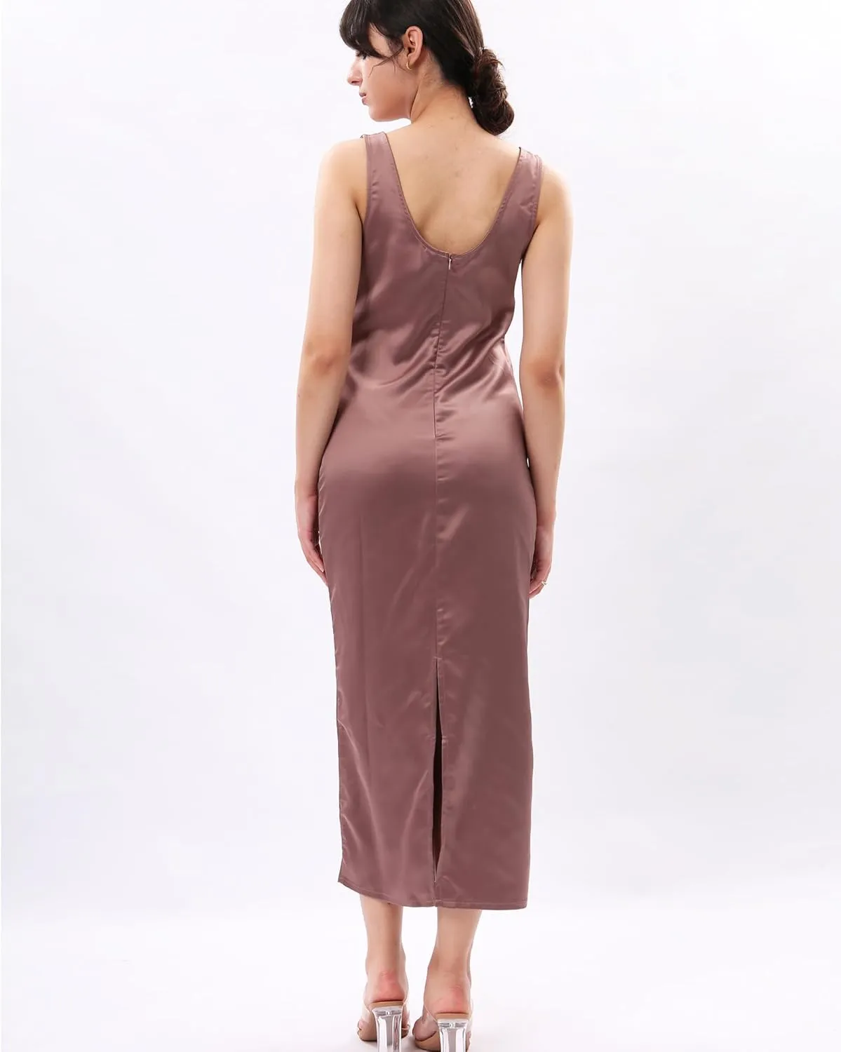 Womens Casual Round Neck Sleeveless Summer Sundresses Split Satin Maxi Dress Zip Back Tank Dresses