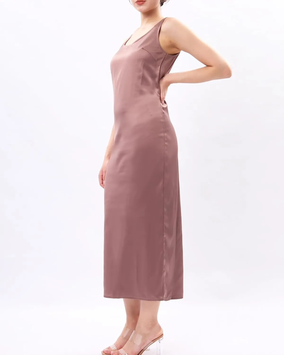 Womens Casual Round Neck Sleeveless Summer Sundresses Split Satin Maxi Dress Zip Back Tank Dresses