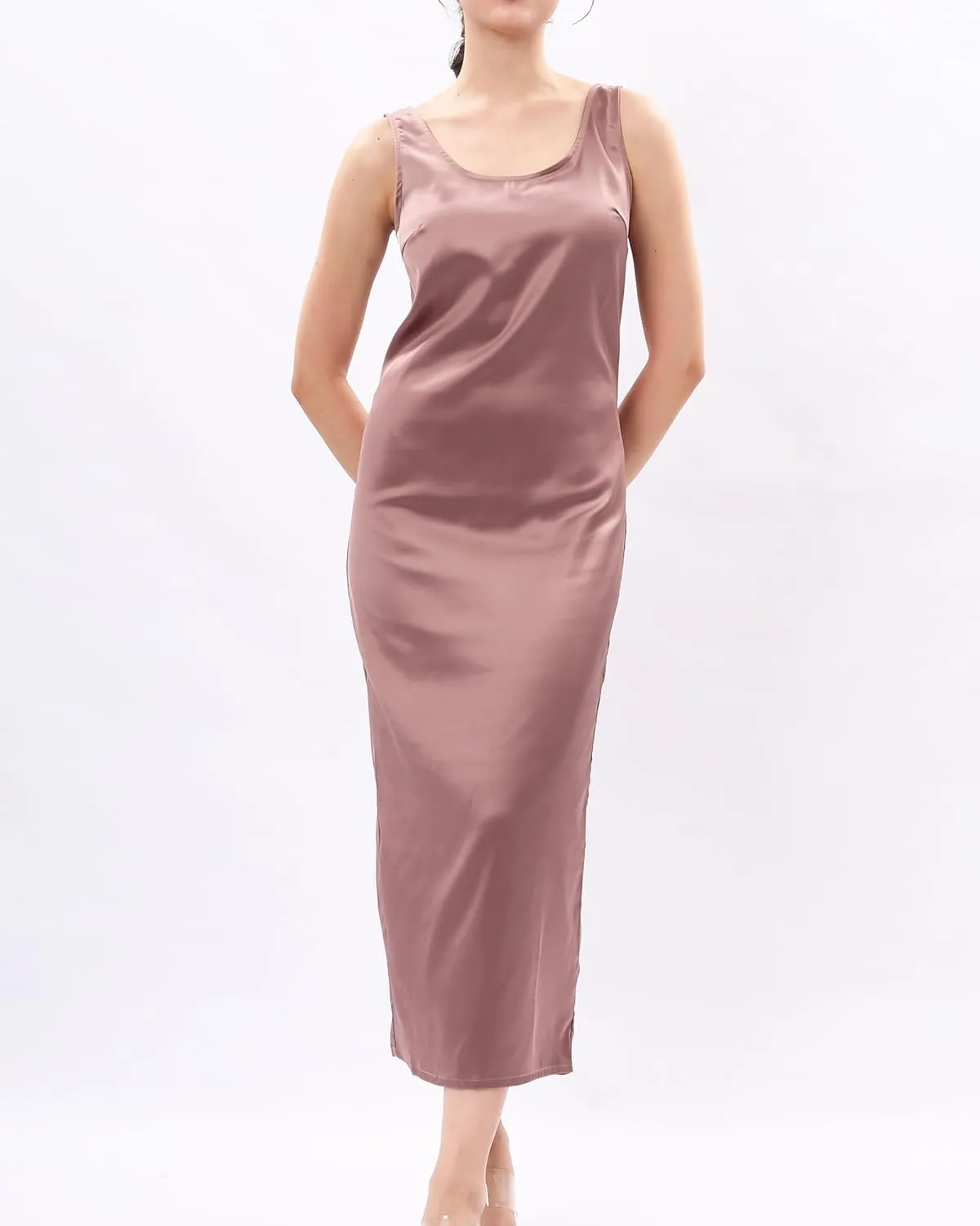 Womens Casual Round Neck Sleeveless Summer Sundresses Split Satin Maxi Dress Zip Back Tank Dresses