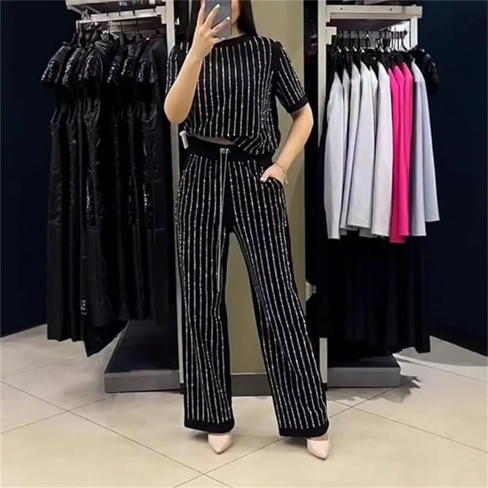 Women's Casual Solid Color Round Neck Hot Diamond Short Sleeve Two-Piece Suit Striped Vacation Wide Leg Pant Sets for Women