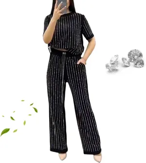 Women's Casual Solid Color Round Neck Hot Diamond Short Sleeve Two-Piece Suit Striped Vacation Wide Leg Pant Sets for Women