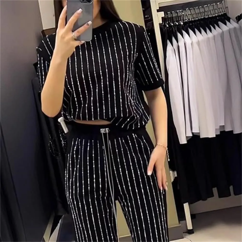 Women's Casual Solid Color Round Neck Hot Diamond Short Sleeve Two-Piece Suit Striped Vacation Wide Leg Pant Sets for Women
