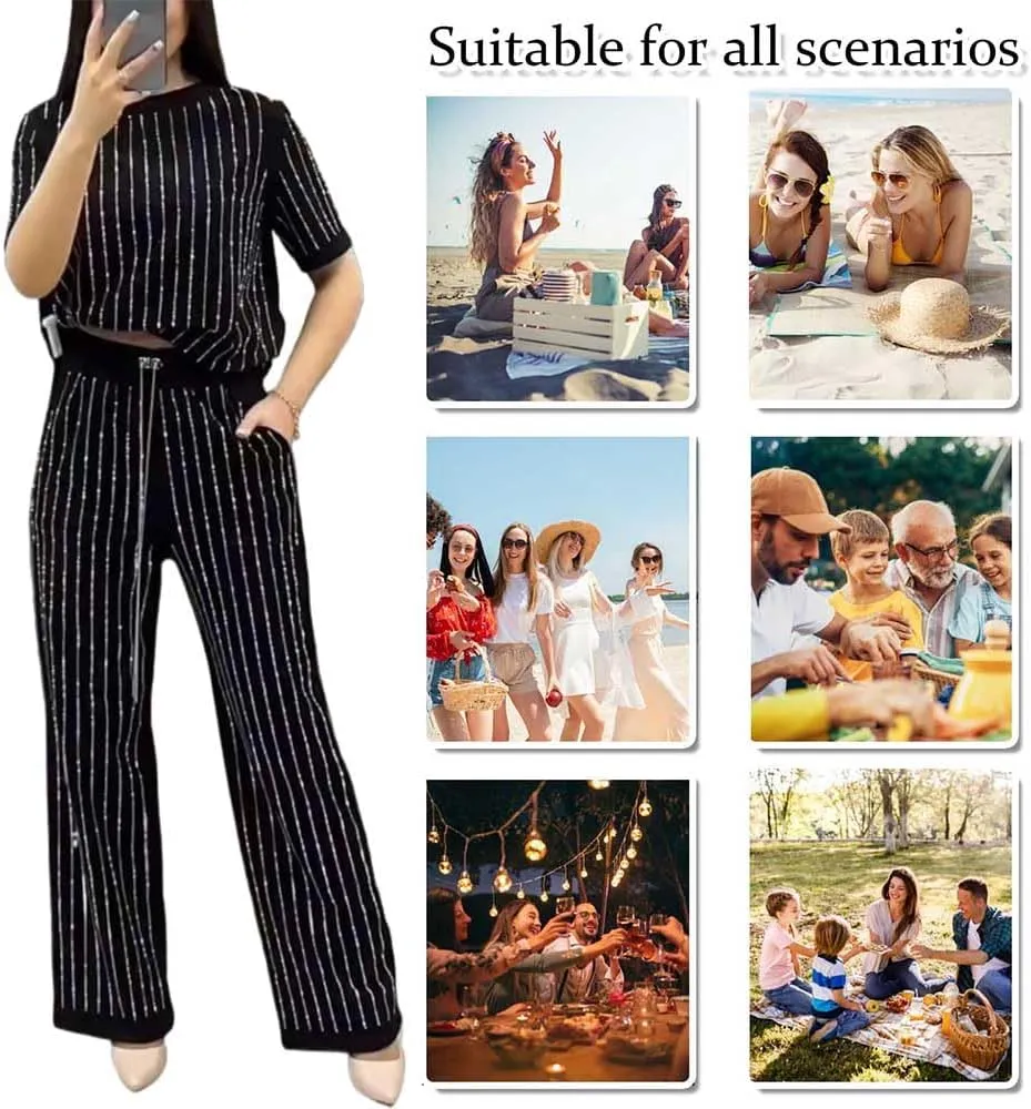 Women's Casual Solid Color Round Neck Hot Diamond Short Sleeve Two-Piece Suit Striped Vacation Wide Leg Pant Sets for Women